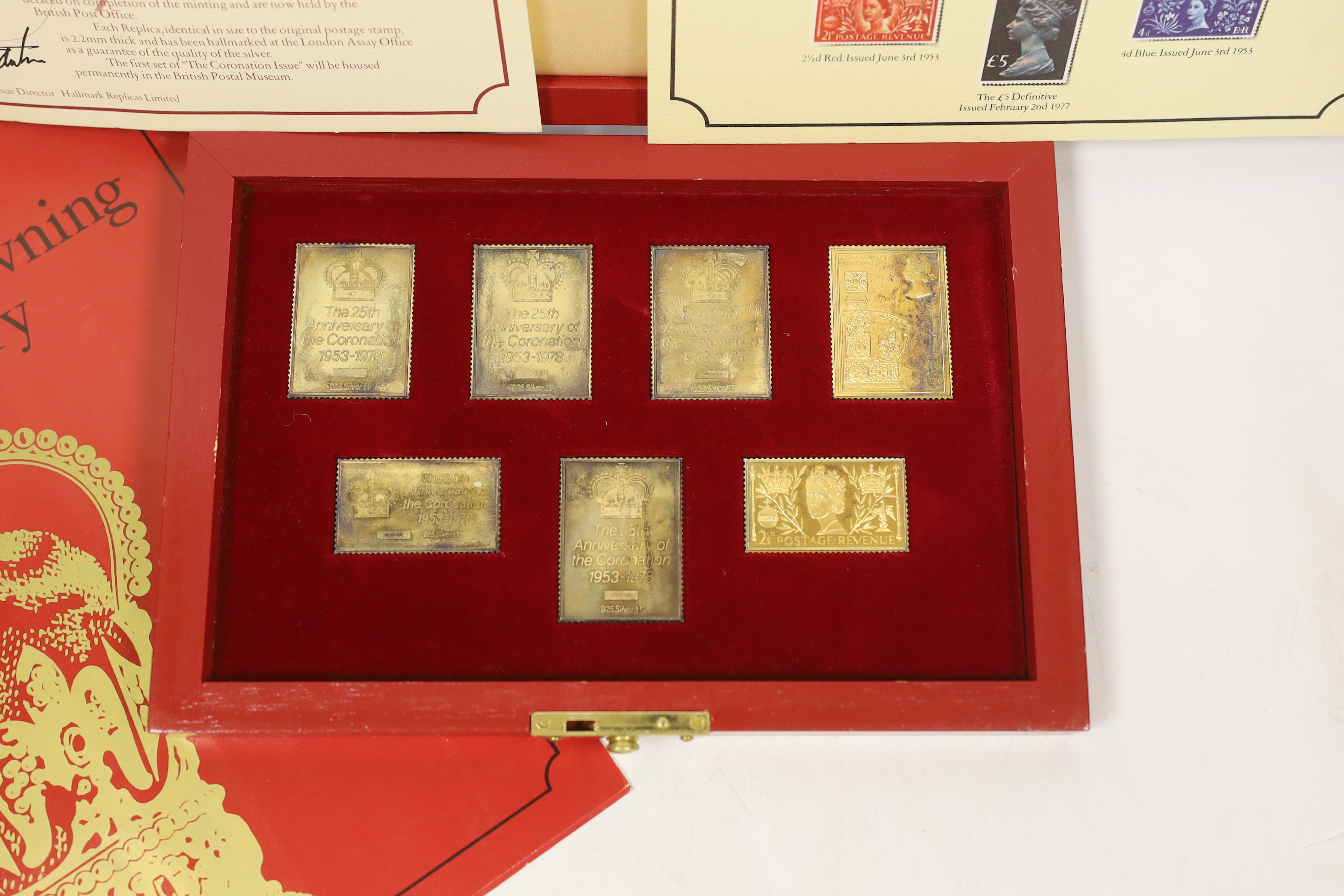 Hallmark Replicas Ltd. silver gilt Coronation issue stamp replicas, cased